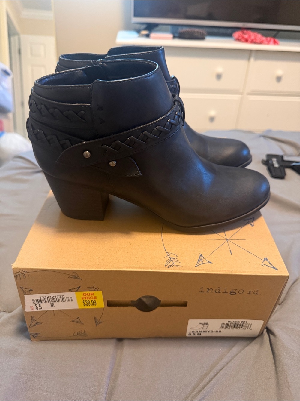 Indigo Black Braided Strap Ankle Booties